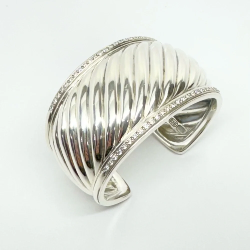 David Yurman Thoroughbred Wide Diamond Cable Cuff Bracelet .925